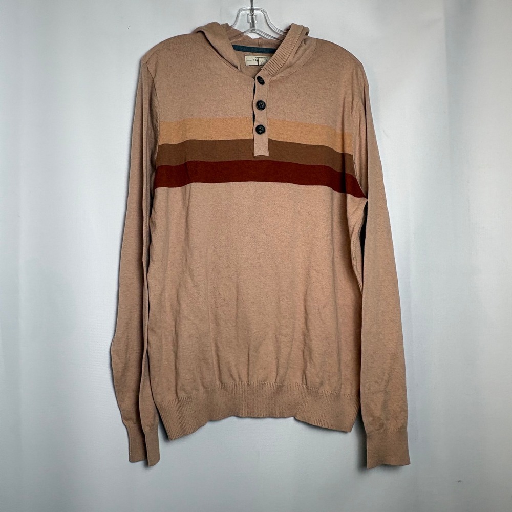 Hawker Rye Mens Cotton Cashmere‎ Striped Henley Hoodie Sweater Tan Large Soft